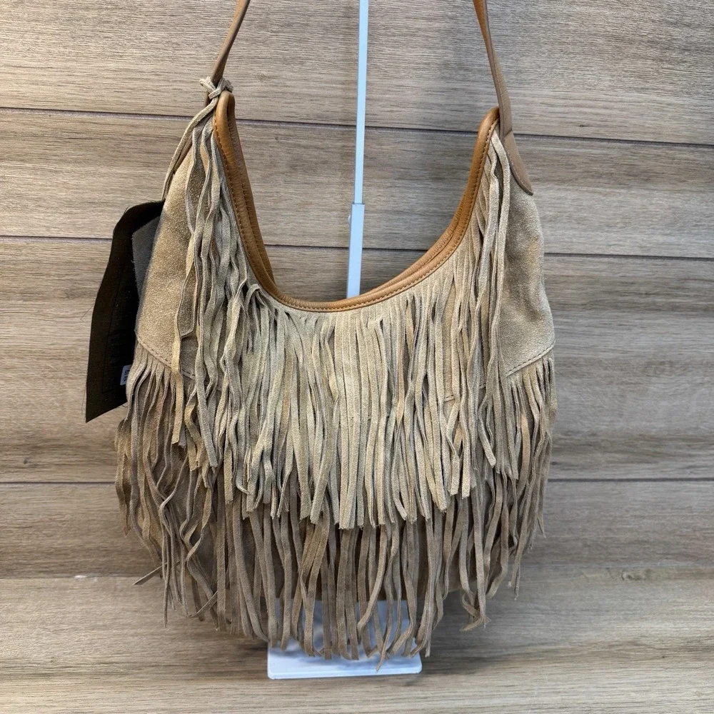 Vilenca Holland Light Brown Suede Leather Fringe Hobo Bag Boho Festival Western